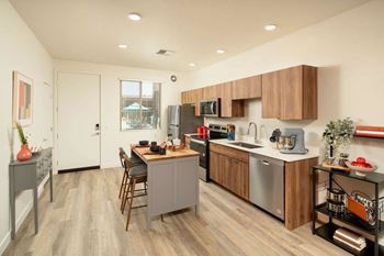 European wood-style cabinets and quartz countertops